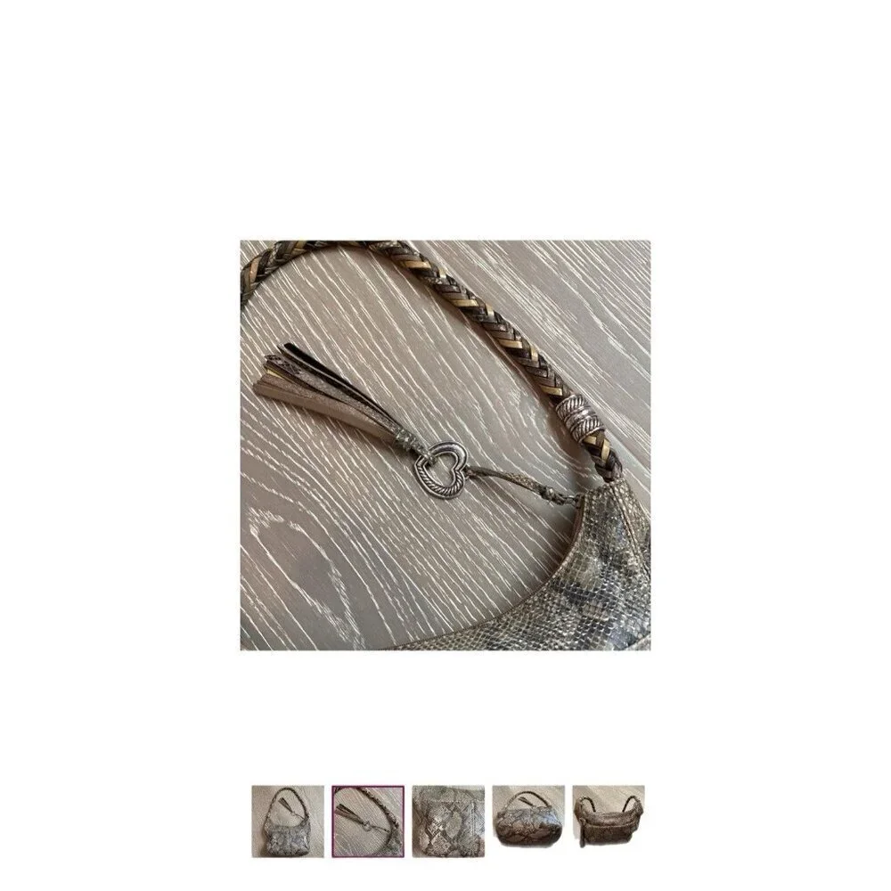 Brighton Snake Print Leather Large Shoulder Bag w Charm Braided Handle